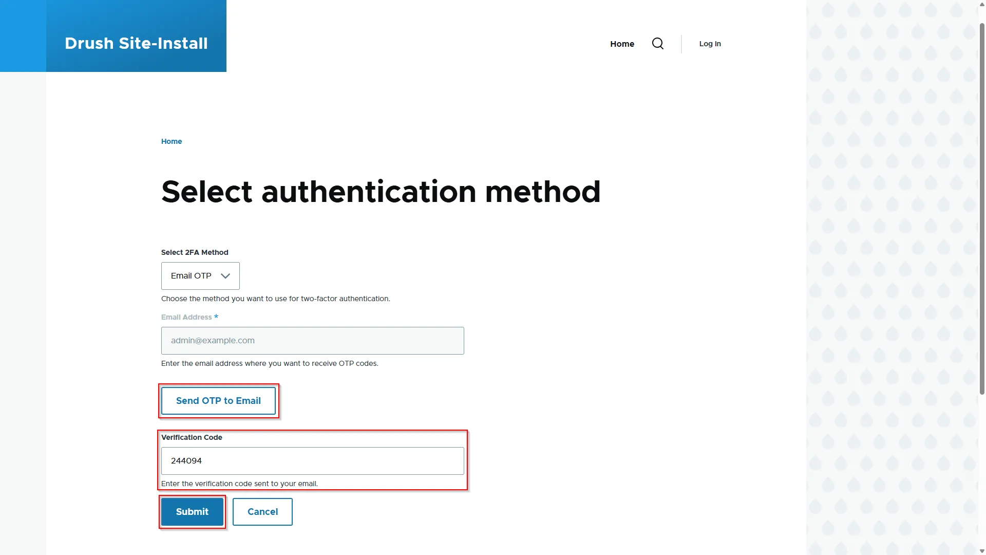 Drupal Offline 2FA - Verify OTP over Email - Enter OTP and Click Submit