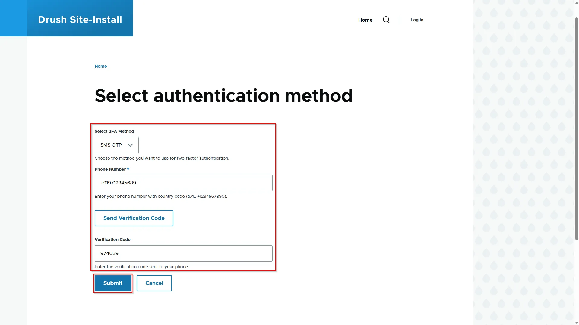Drupal Offline 2FA - Verify OTP over SMS - Enter OTP and Click Submit