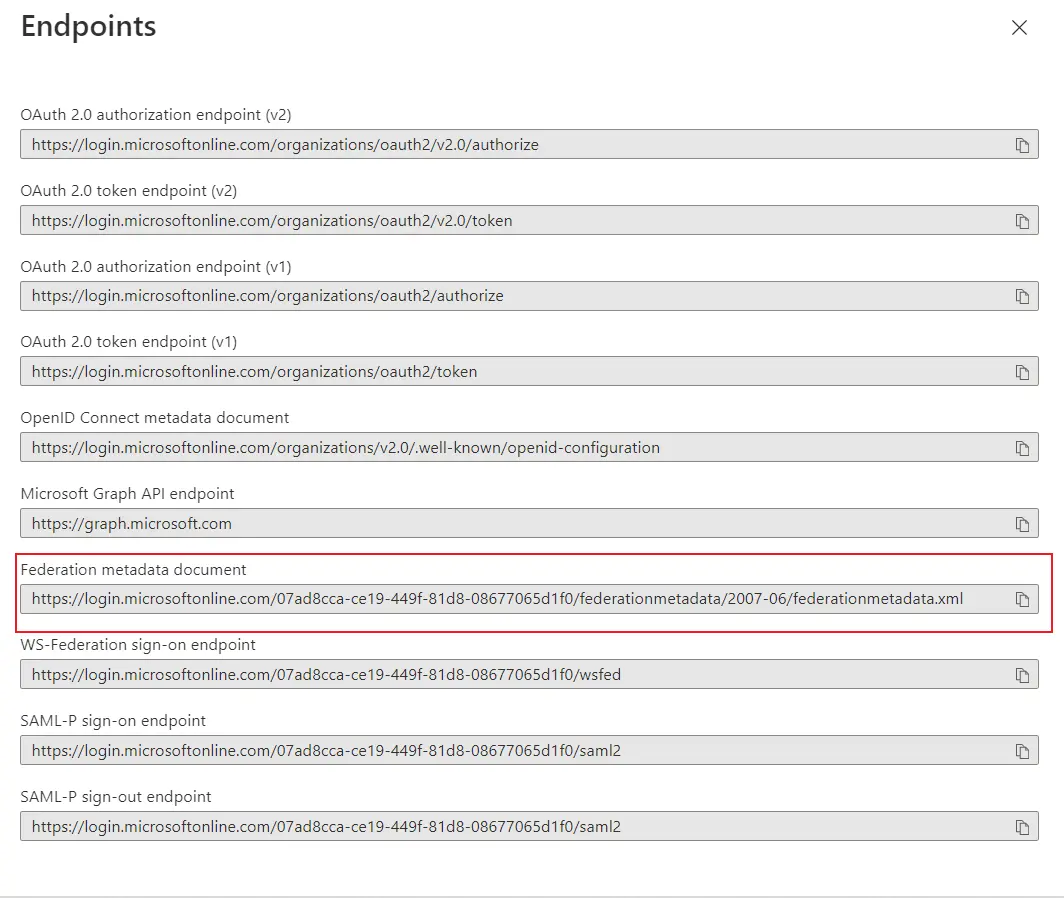 Azure Multitenant SSO - Copy Federation Metadata Document URL