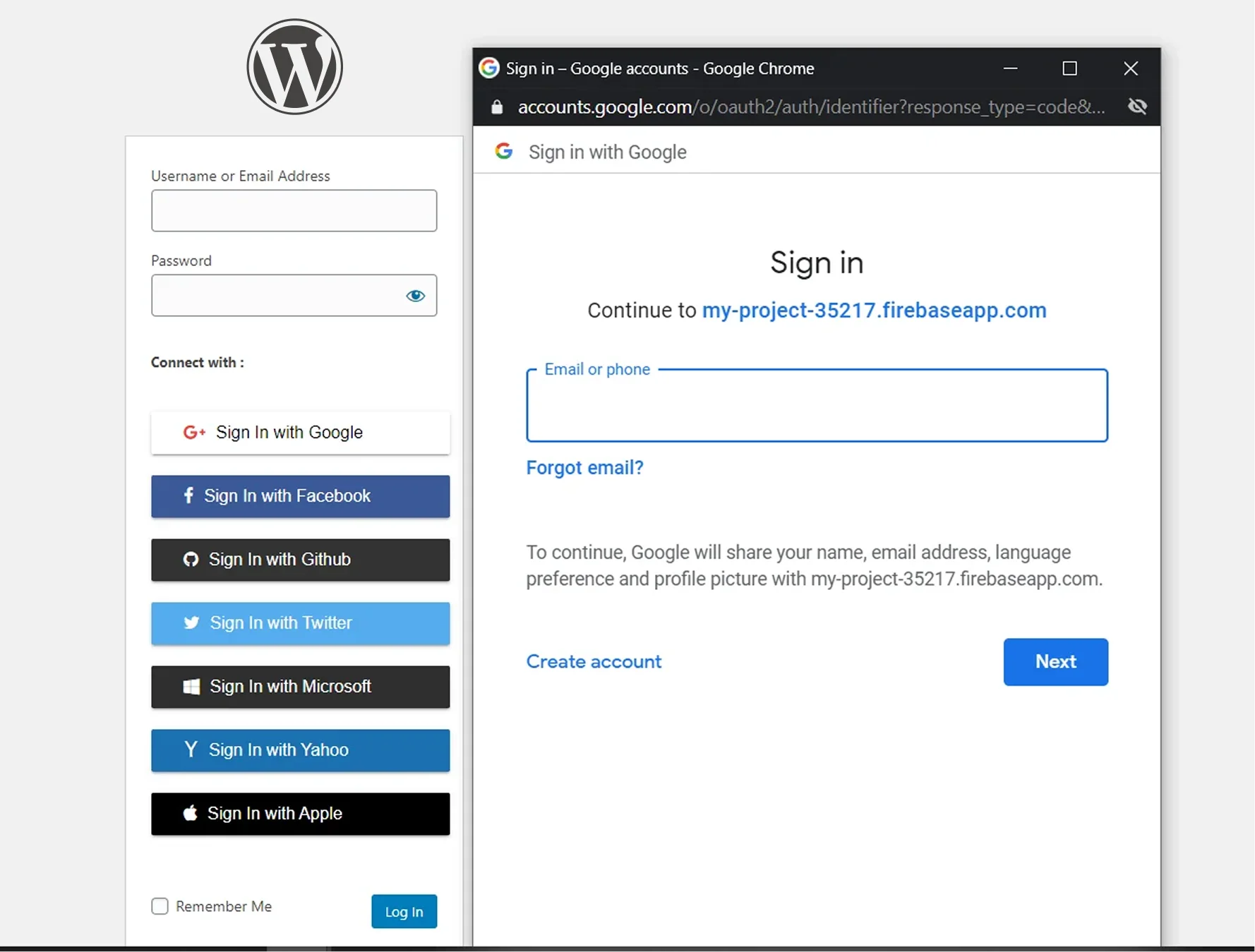 firebase social media login access wordpress site login page