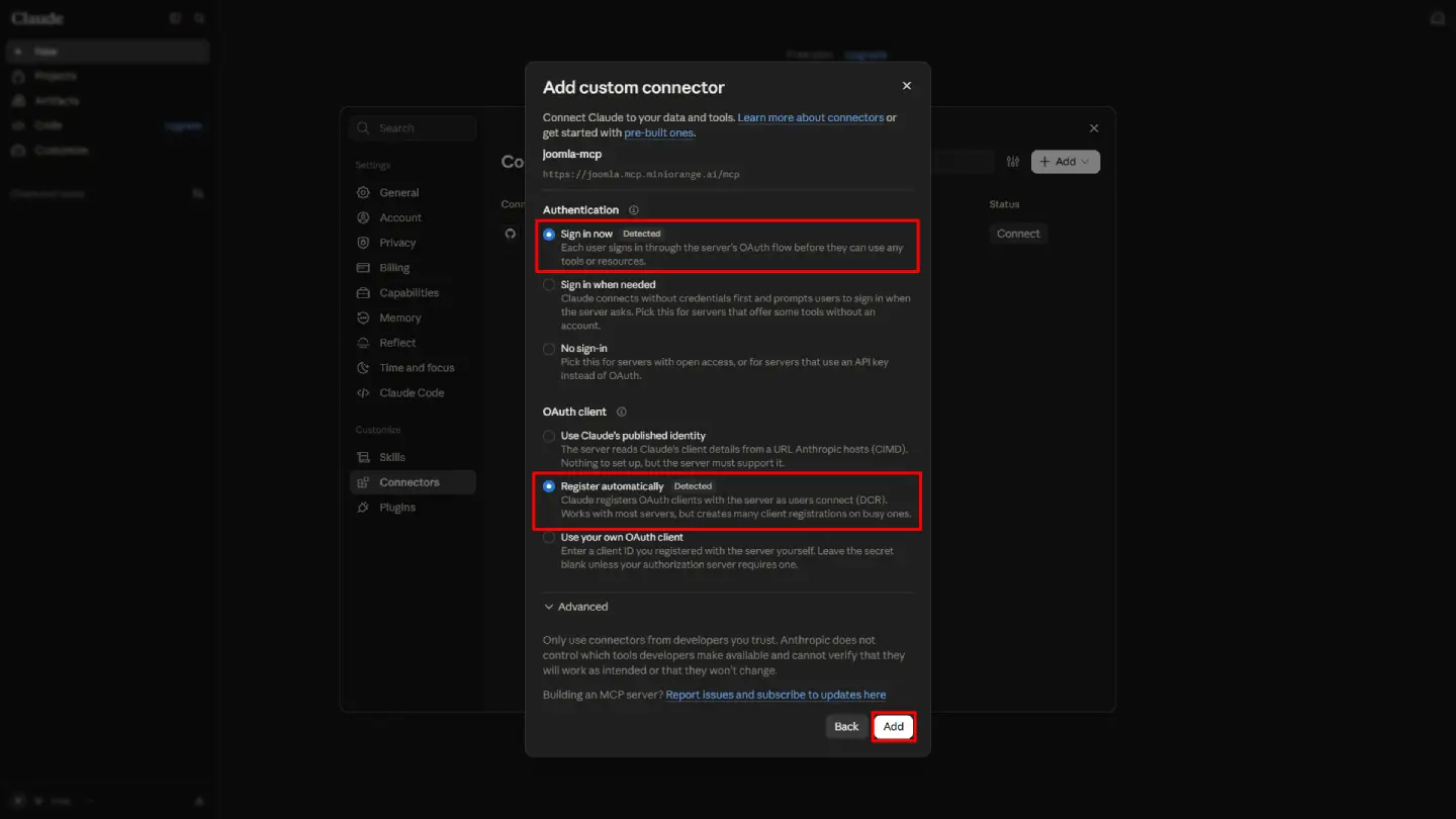 JoomlaAI - MCP Server: Setup Authentication