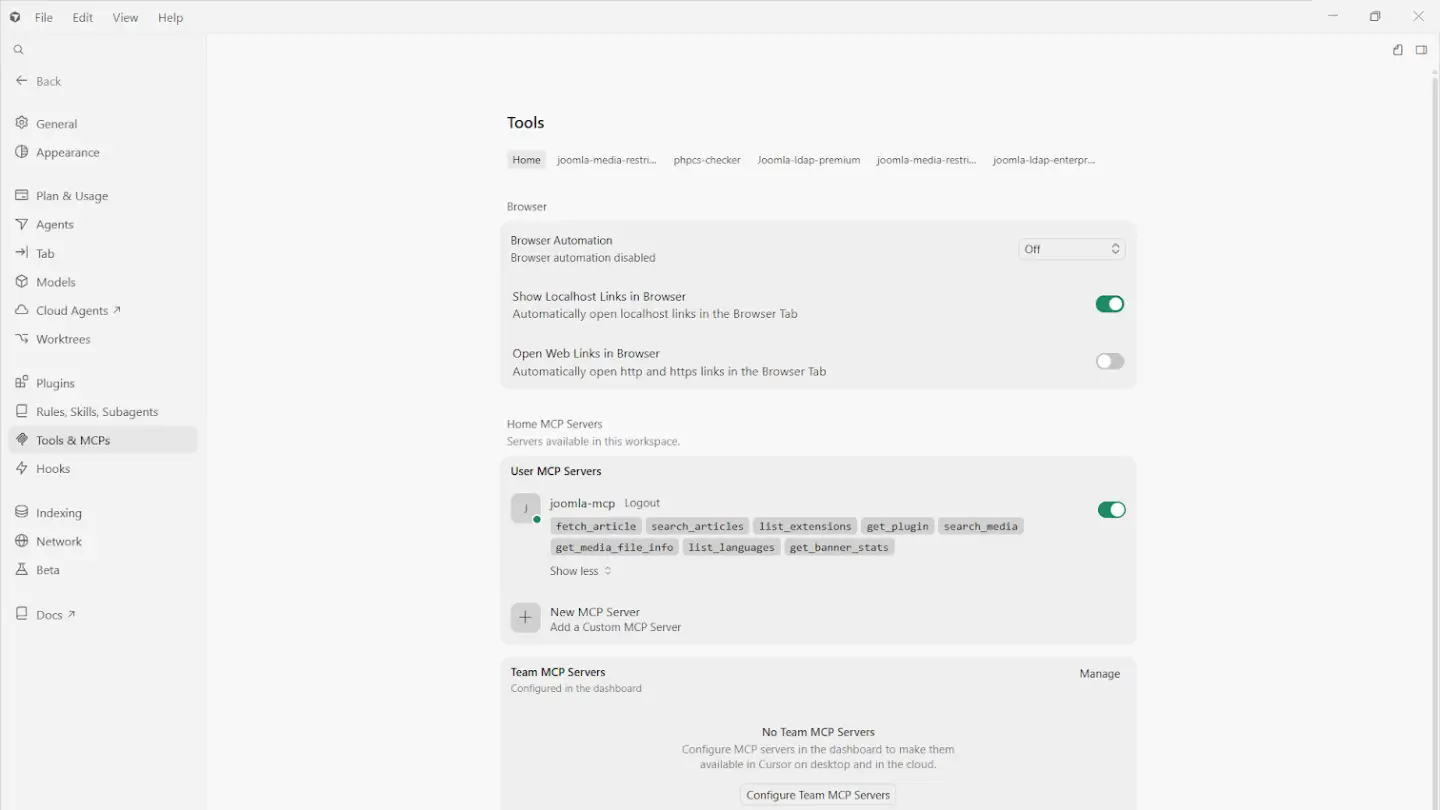 JoomlaAI - MCP Server: Cursor connected