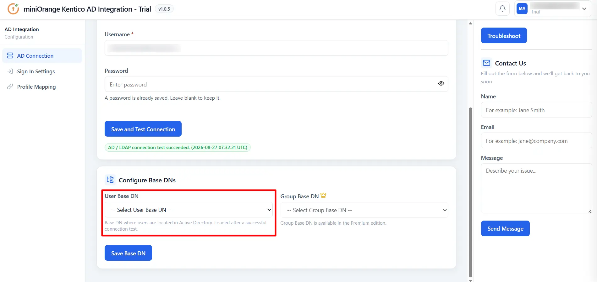 Kentico AD - Select User Base DN from dropdown