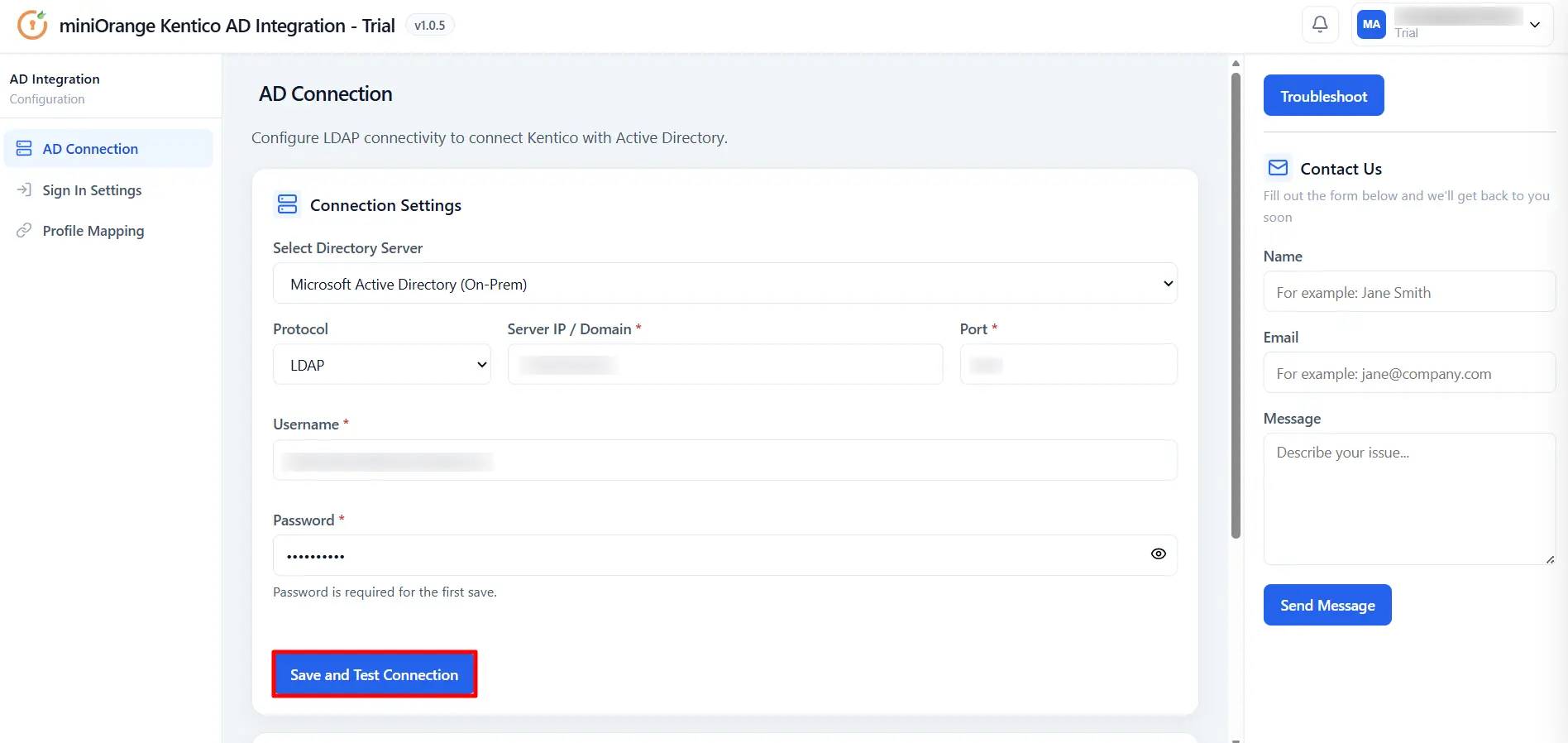 Kentico AD - Save and Test Connection