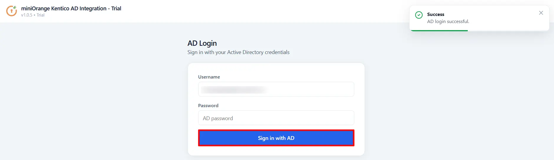 Kentico AD - End user login successful