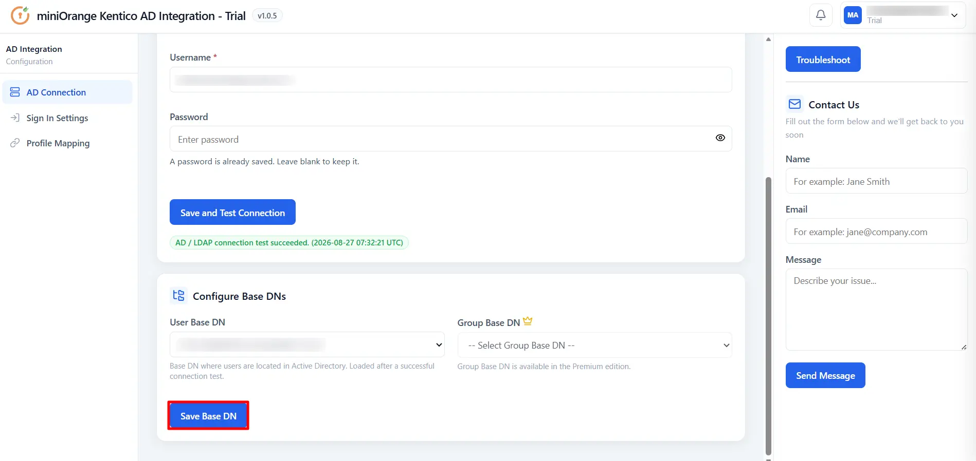 Kentico AD - Save Base DN