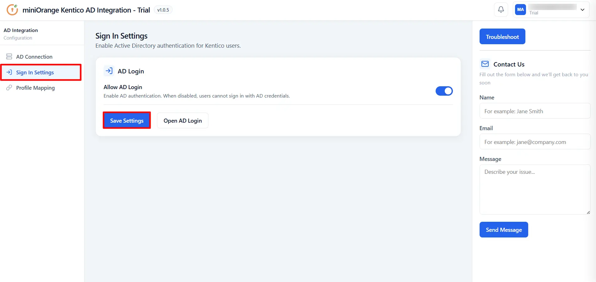 Kentico AD - Sign In Settings