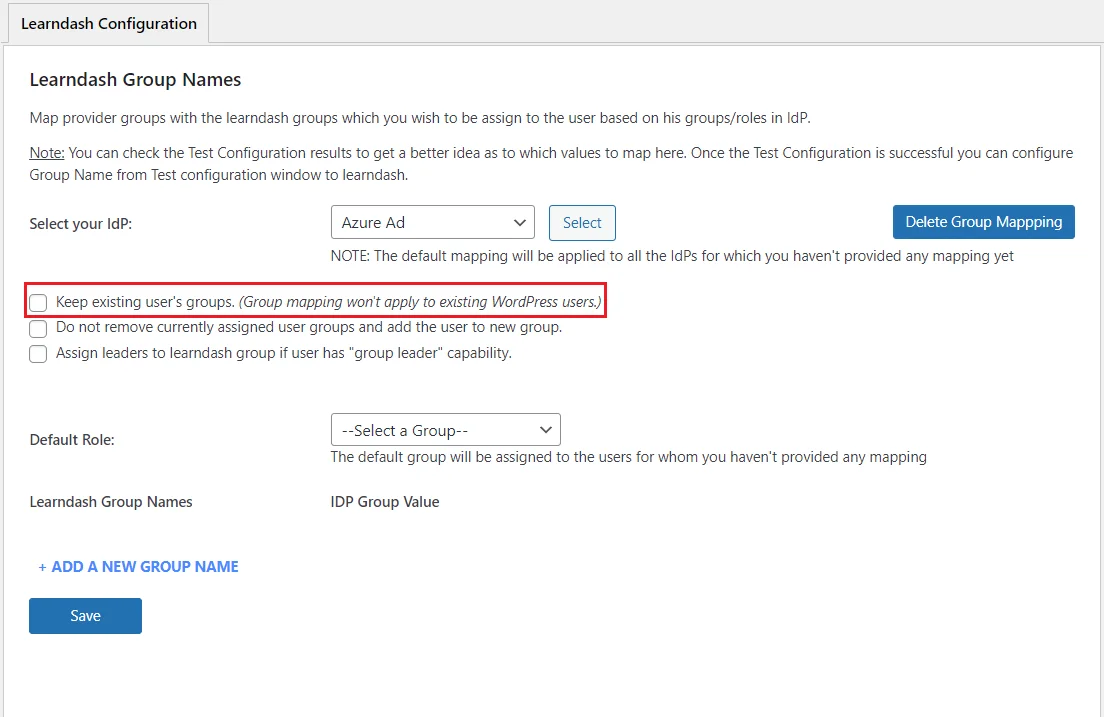 LearnDash Integration with WordPress  - keep existing group