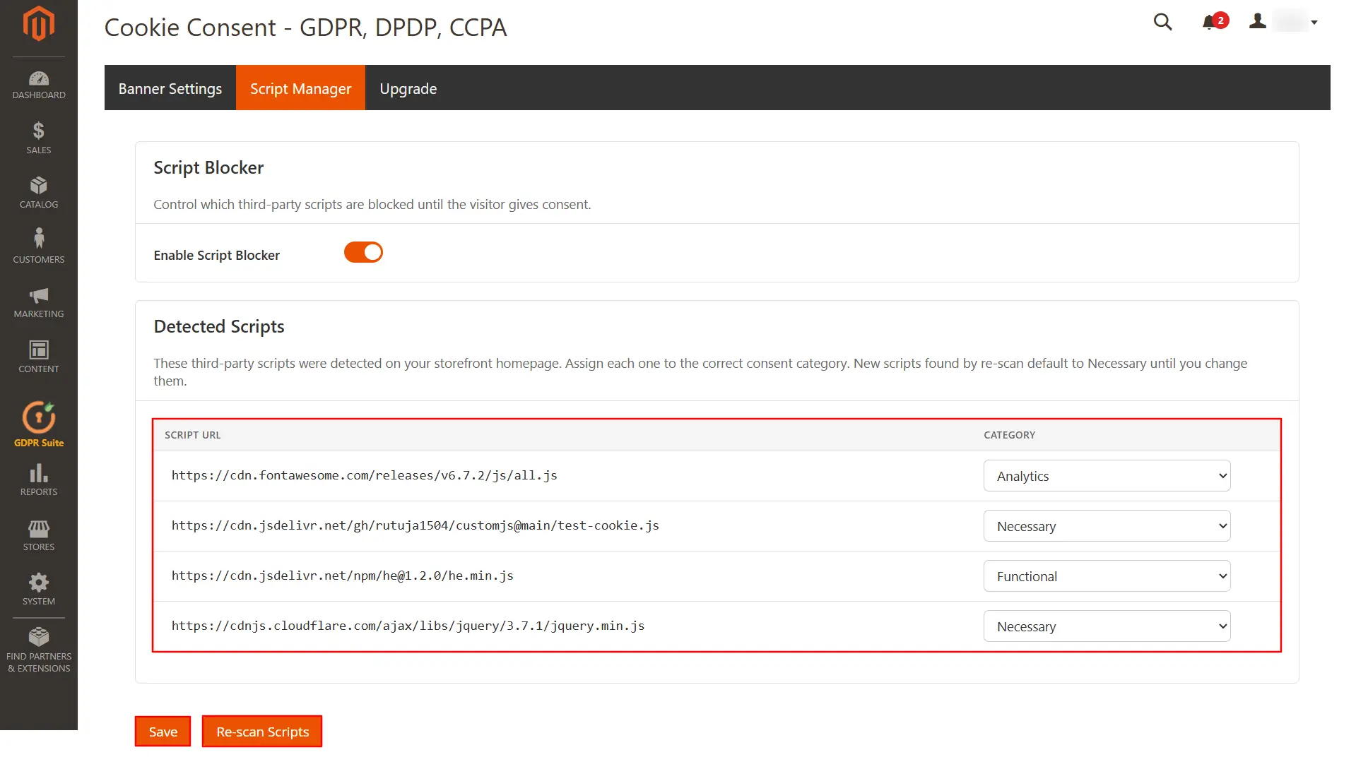 Magento GDPR & Cookie Consent | Detected Scripts