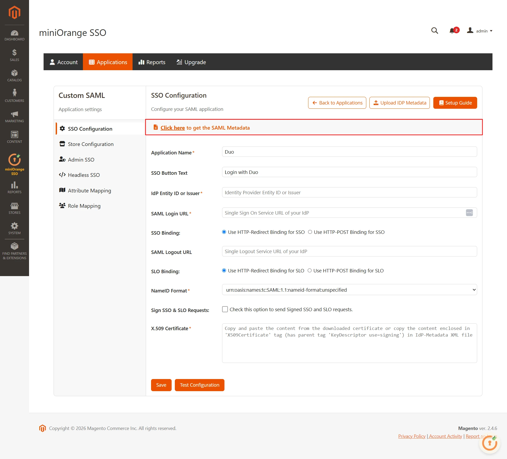 Magento SAML Single Sign-On(SSO) | SAML Metadata