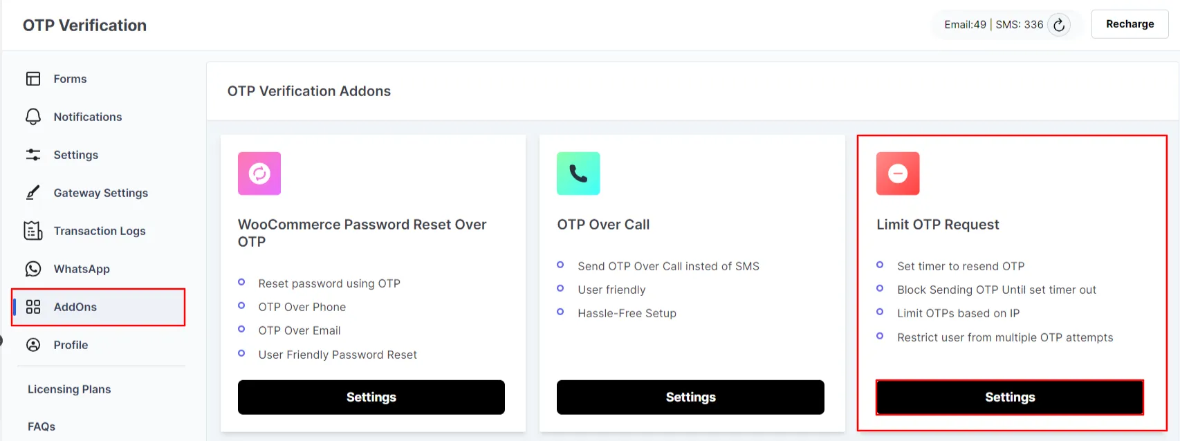 Maximum OTP limit exceeded - Go to Addons tab
