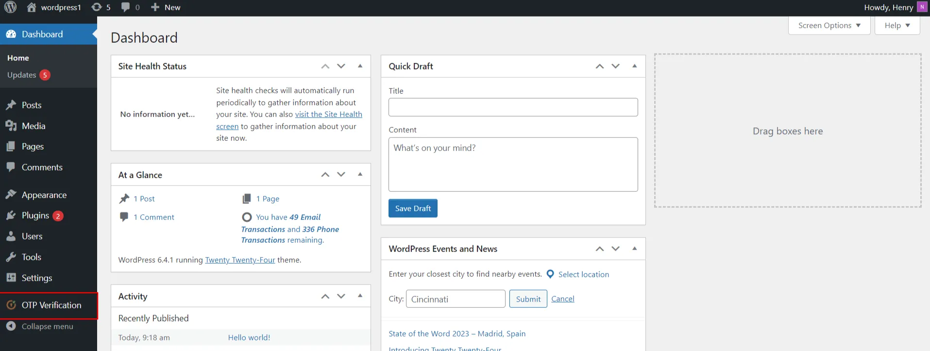 Maximum OTP limit exceeded - WordPress Dashboard