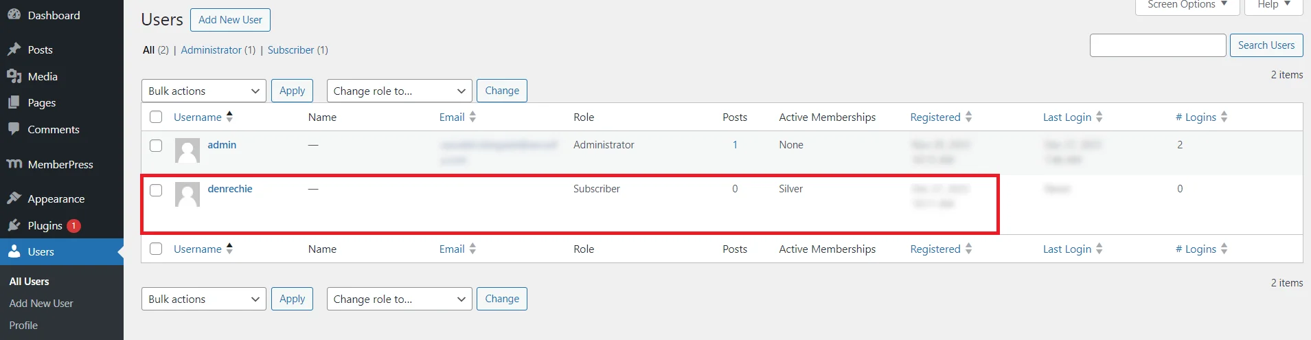 MemberPress Integrator for WordPress - Users Tab