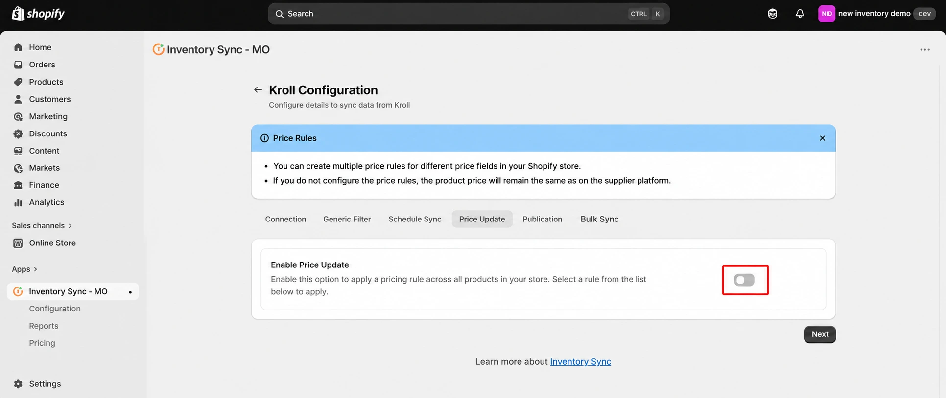 Shopify Kroll Integration - Enable Price Update