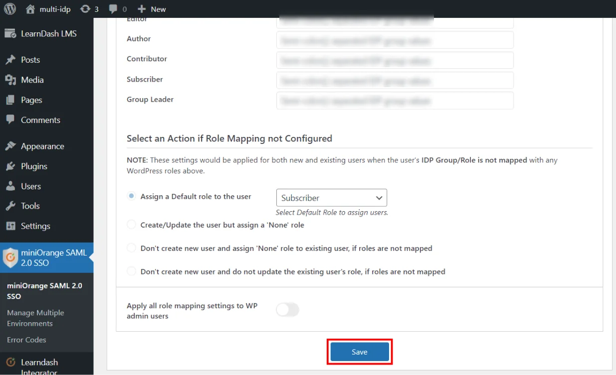 LearnDash Integration with WordPress - Save Attribute Role Mapping Configuration