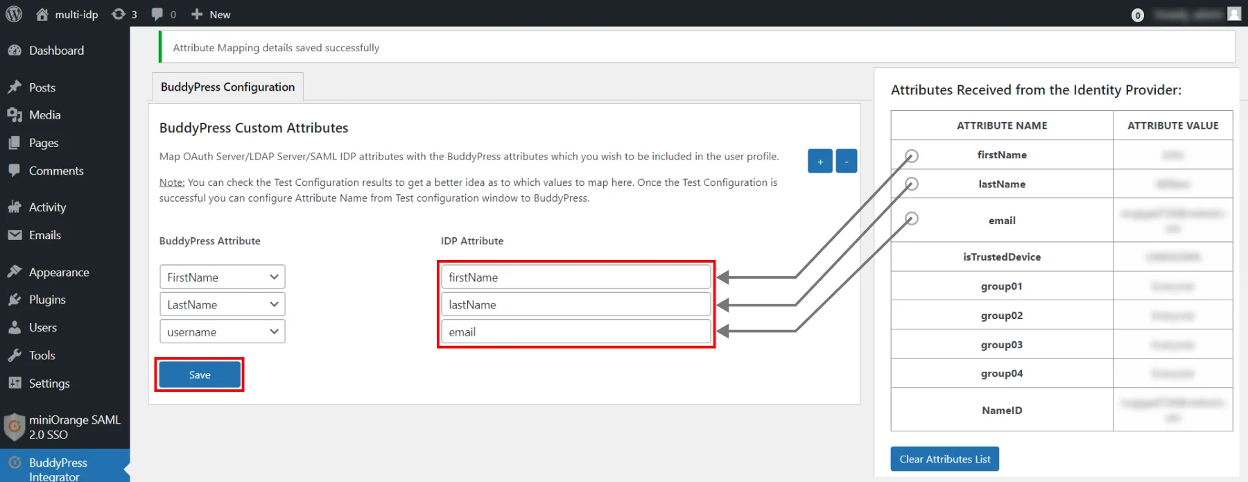 BuddyPress Integration for WordPress - Save BuddyPress Configurations