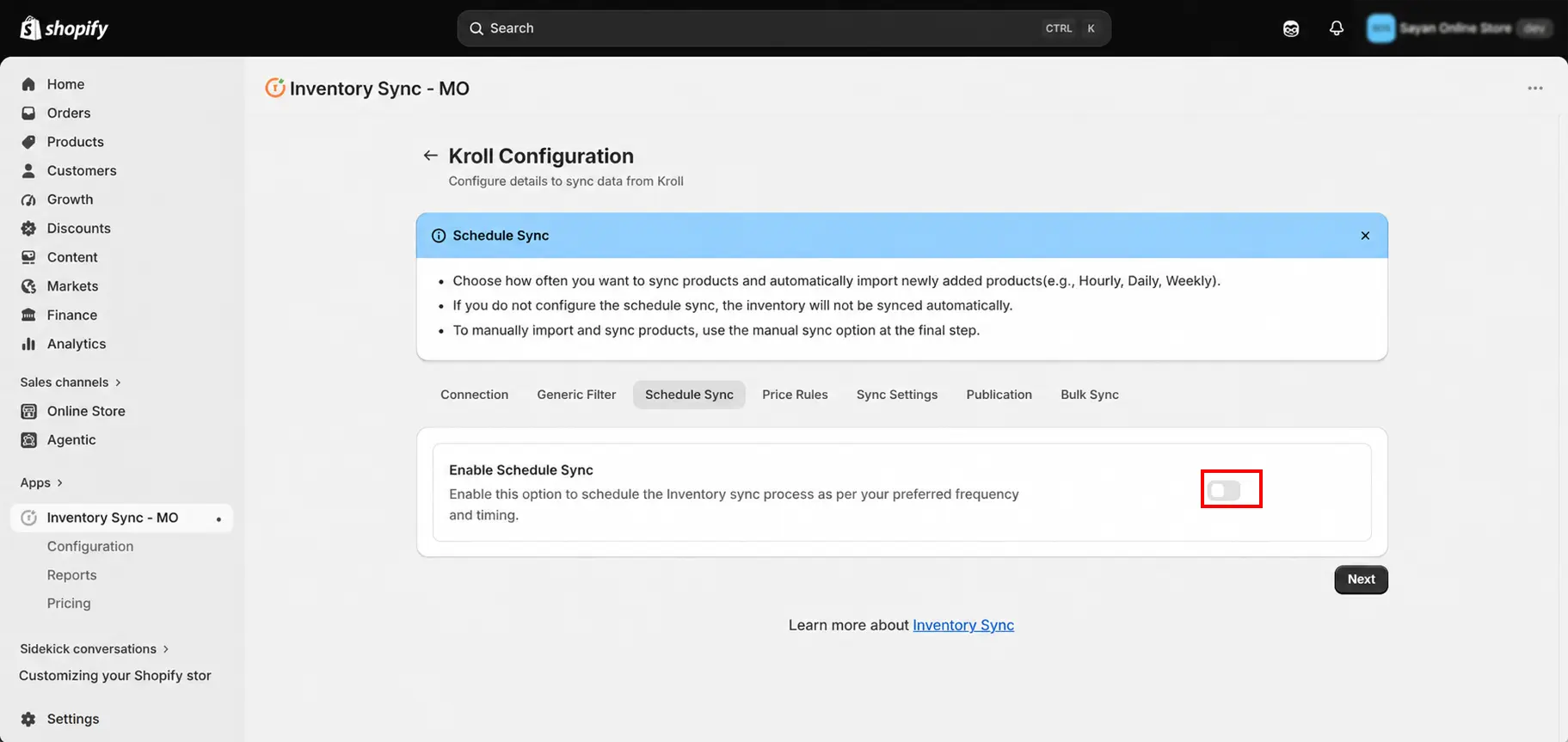 Shopify Kroll Integration - Enable Schedule Sync