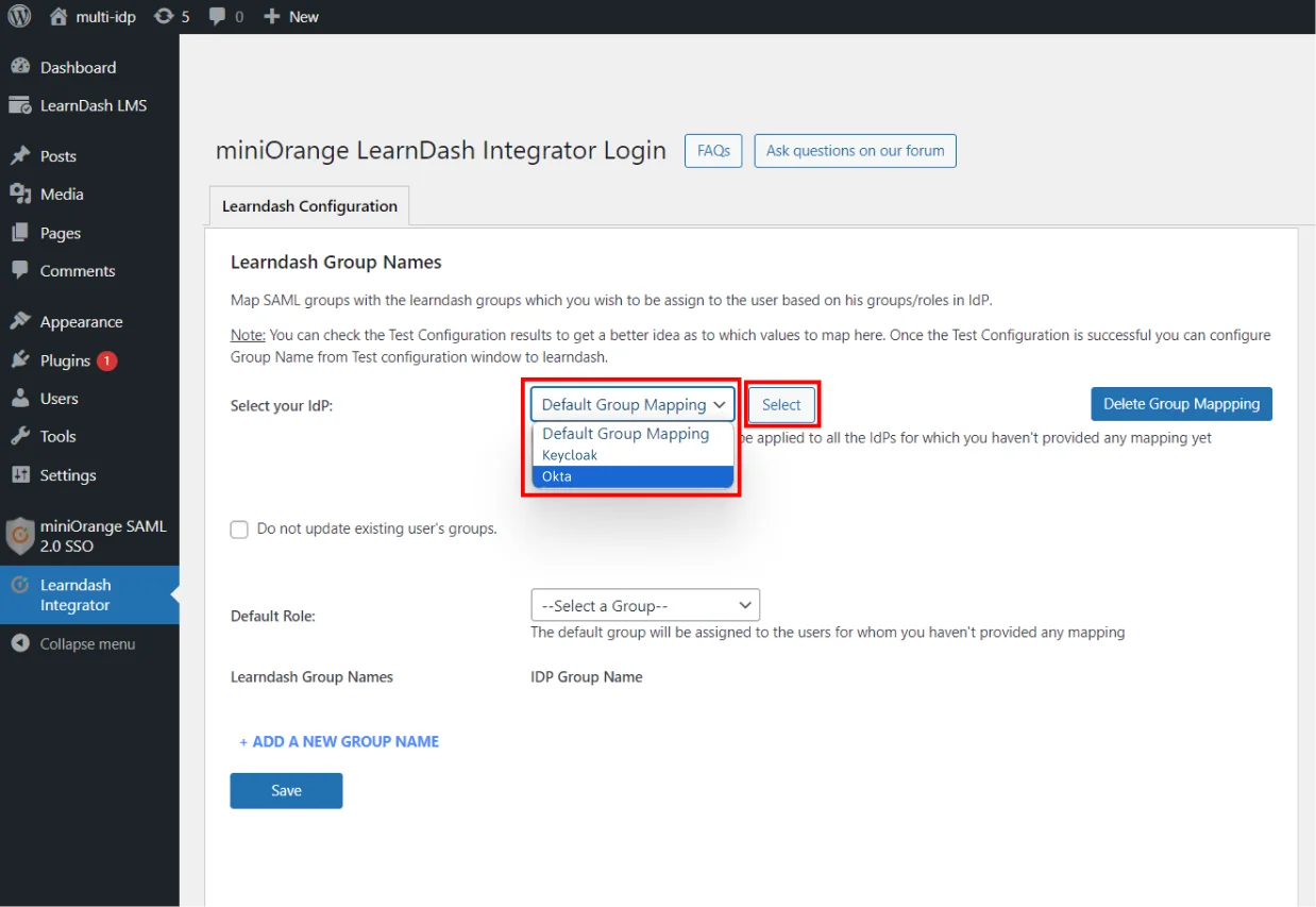 LearnDash Integration with WordPress - Select IdP from the dropdown
