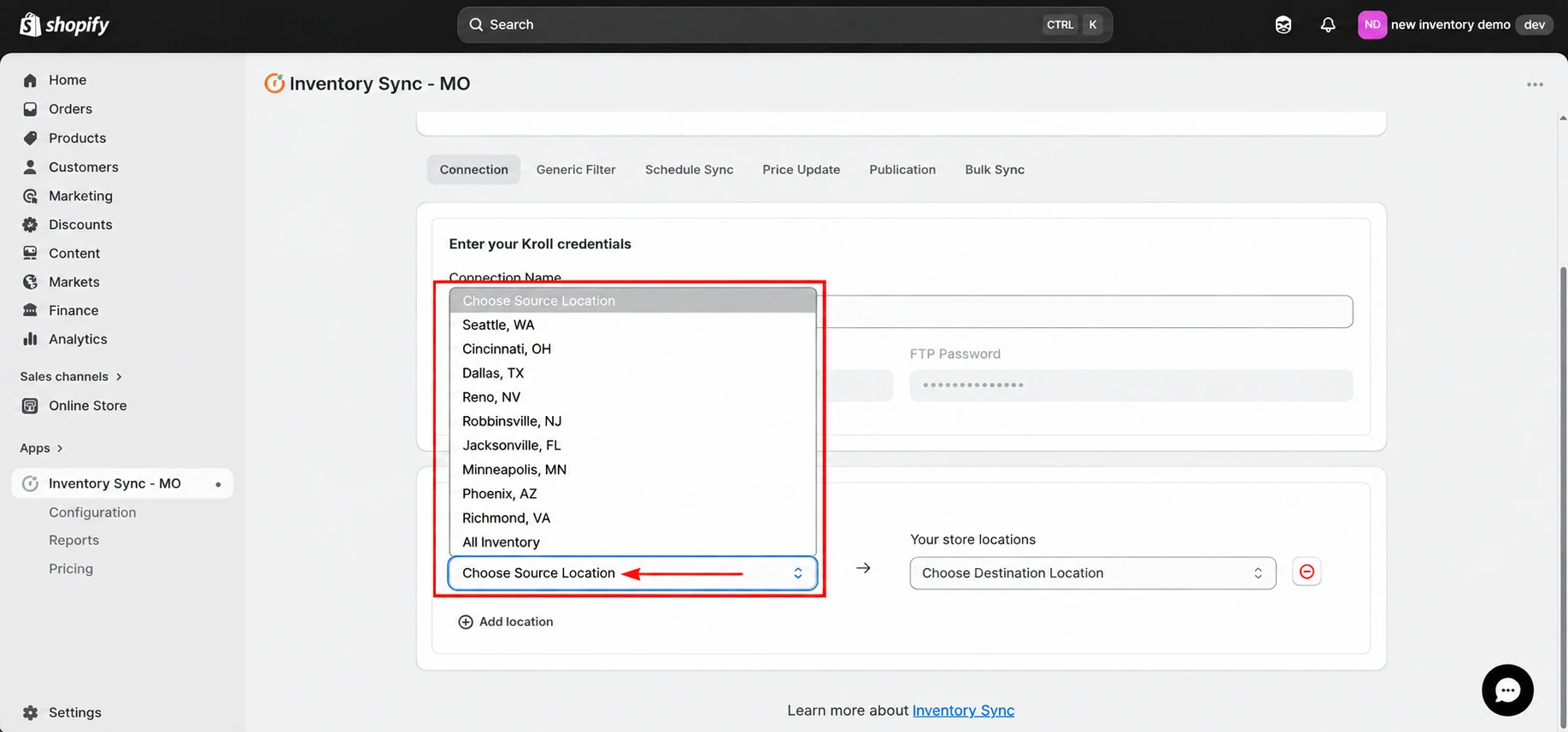 Shopify Kroll Integration - Choose source location