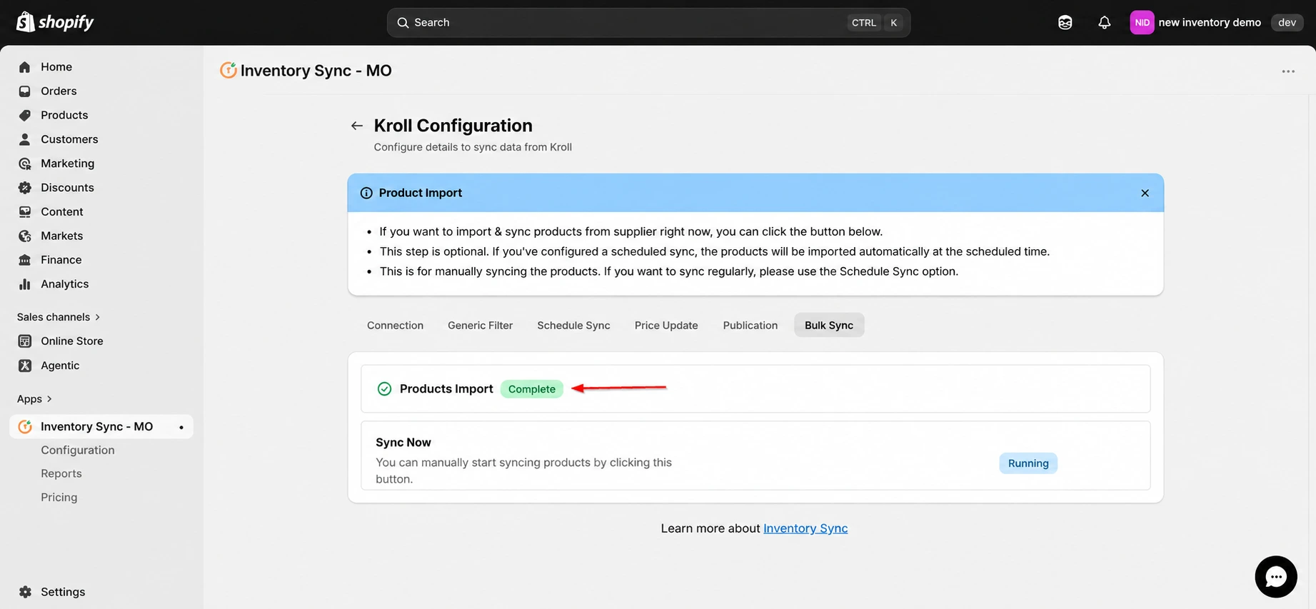 Shopify Kroll Integration - Product import in progress