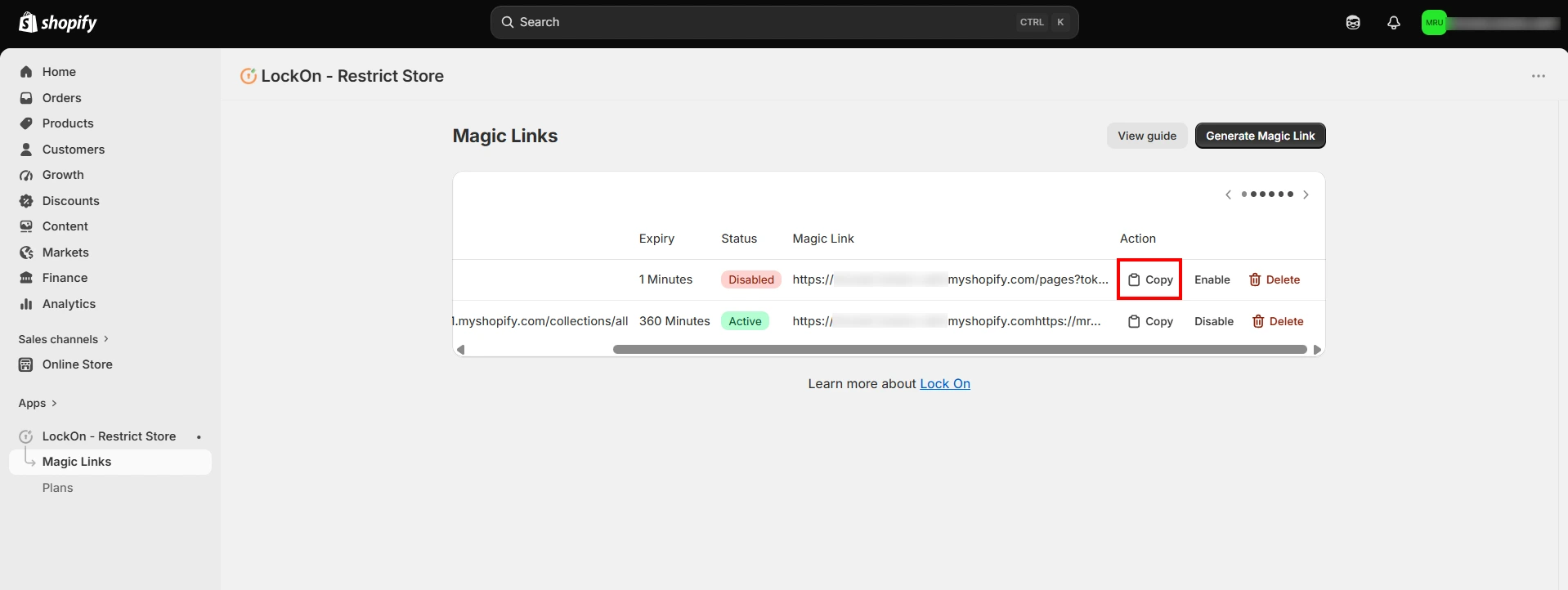 Shopify LockOn - Copy Magic Link