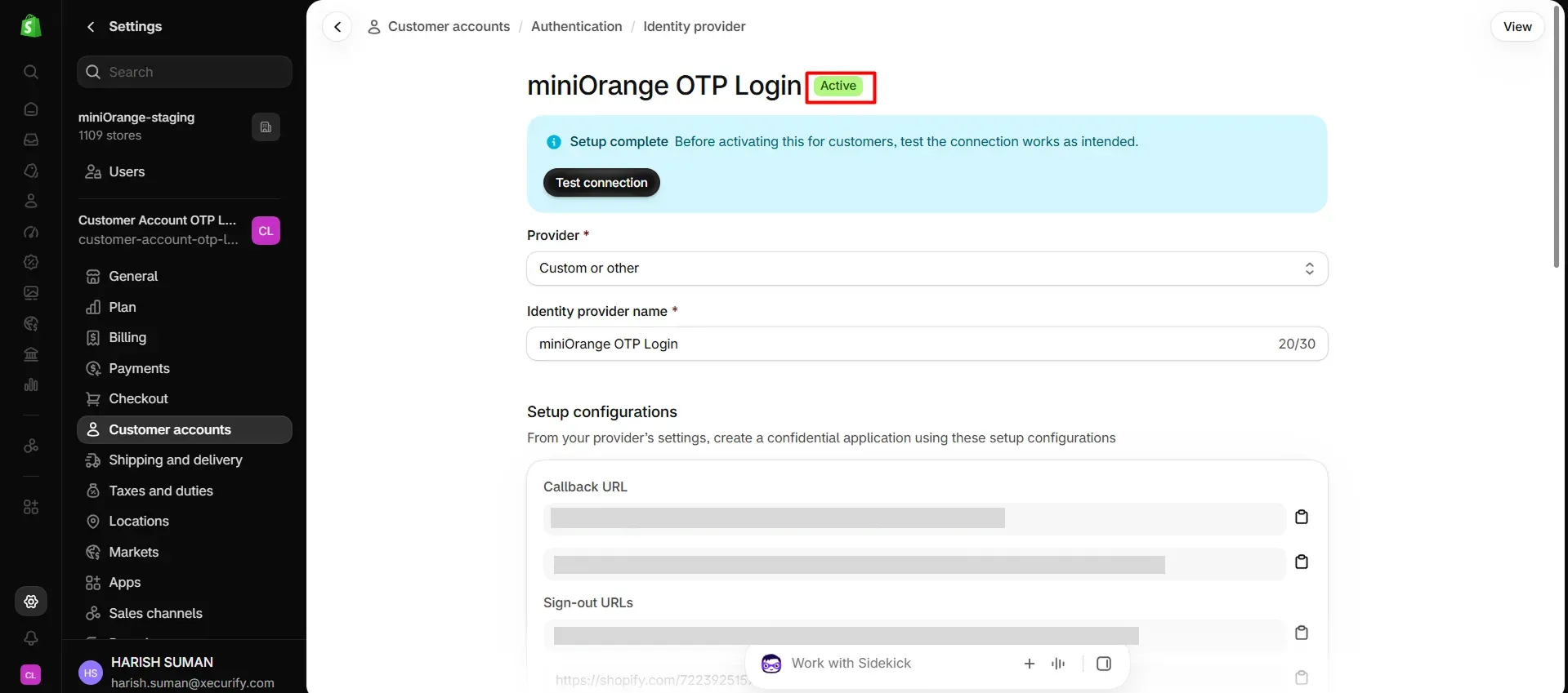 Shopify identity provider page showing miniOrange OTP status changed to Active