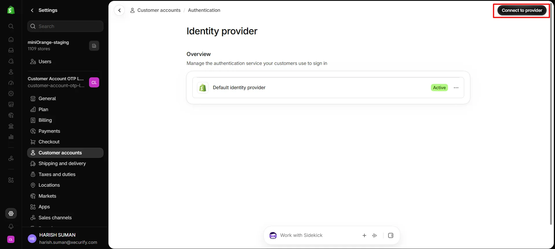 Shopify Identity provider overview page with the Connect to provider button highlighted