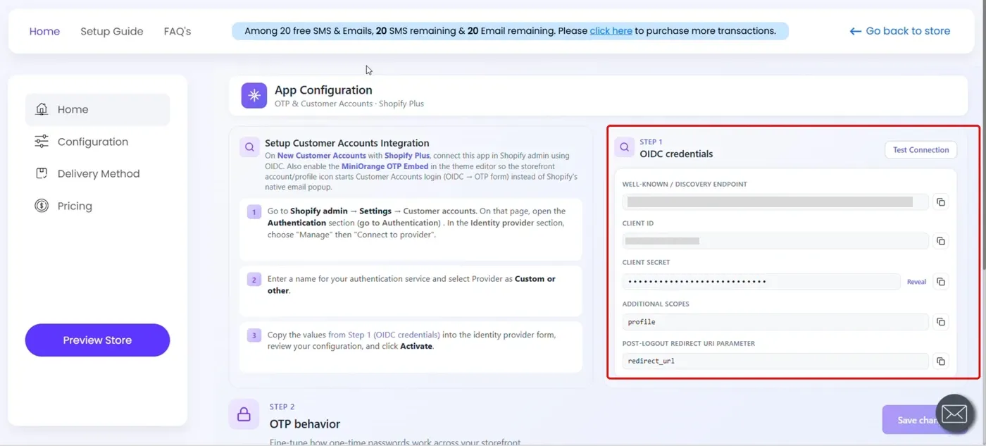 miniOrange app Home tab showing Step 1 OIDC credentials - well-known endpoint, client ID, client secret, additional scopes