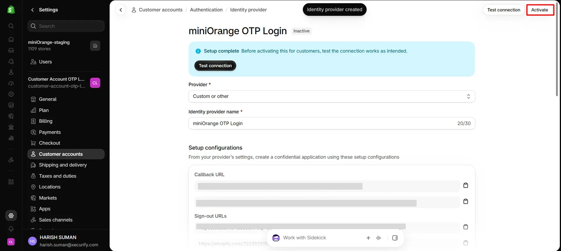 Shopify identity provider page with the Activate button highlighted