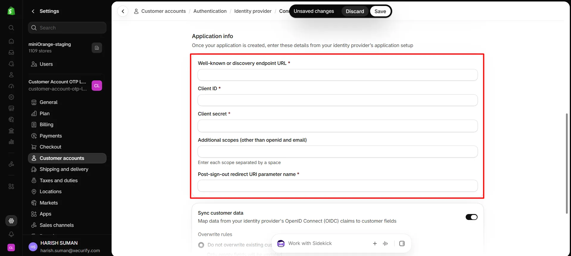 Shopify Application info section with well-known endpoint, client ID, client secret, additional scopes and sync customer data fields highlighted