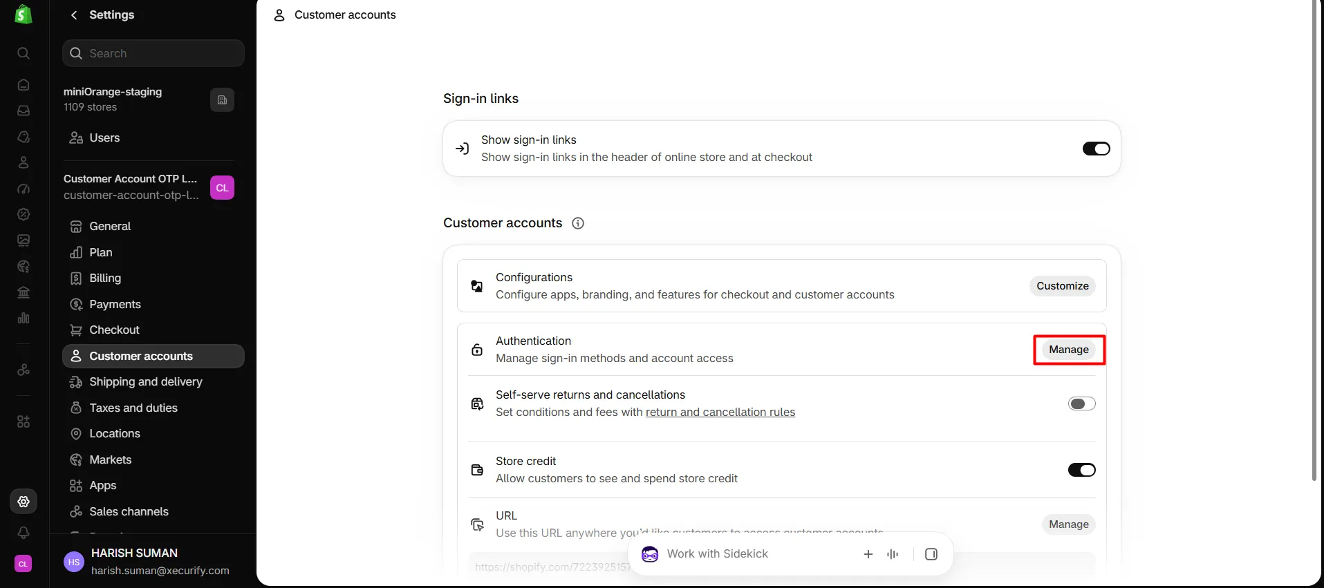 Shopify admin Settings Customer accounts page with the Manage button next to Authentication highlighted