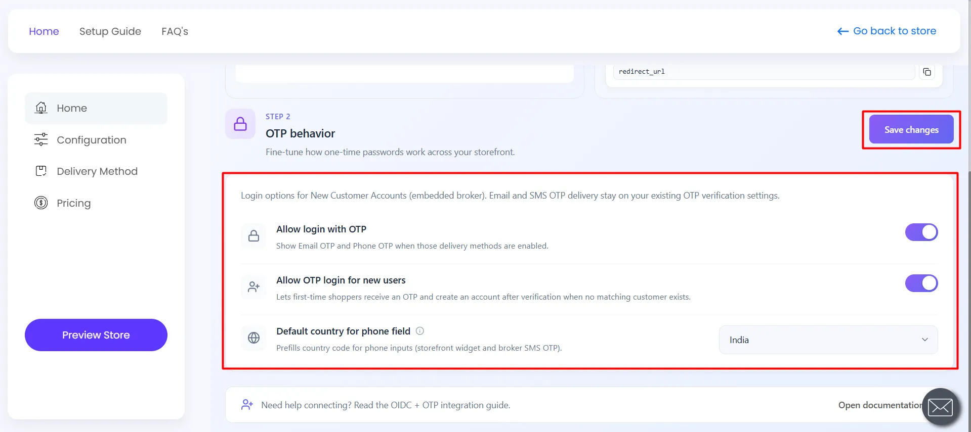 miniOrange app Step 2 OTP behavior - Allow login with OTP and Allow OTP login for new users toggled on, default country set to India