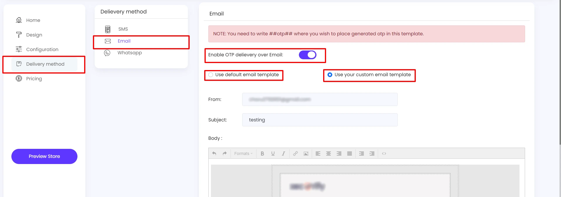 miniOrange Delivery method Email tab with Enable OTP delivery over Email and custom email template fields highlighted