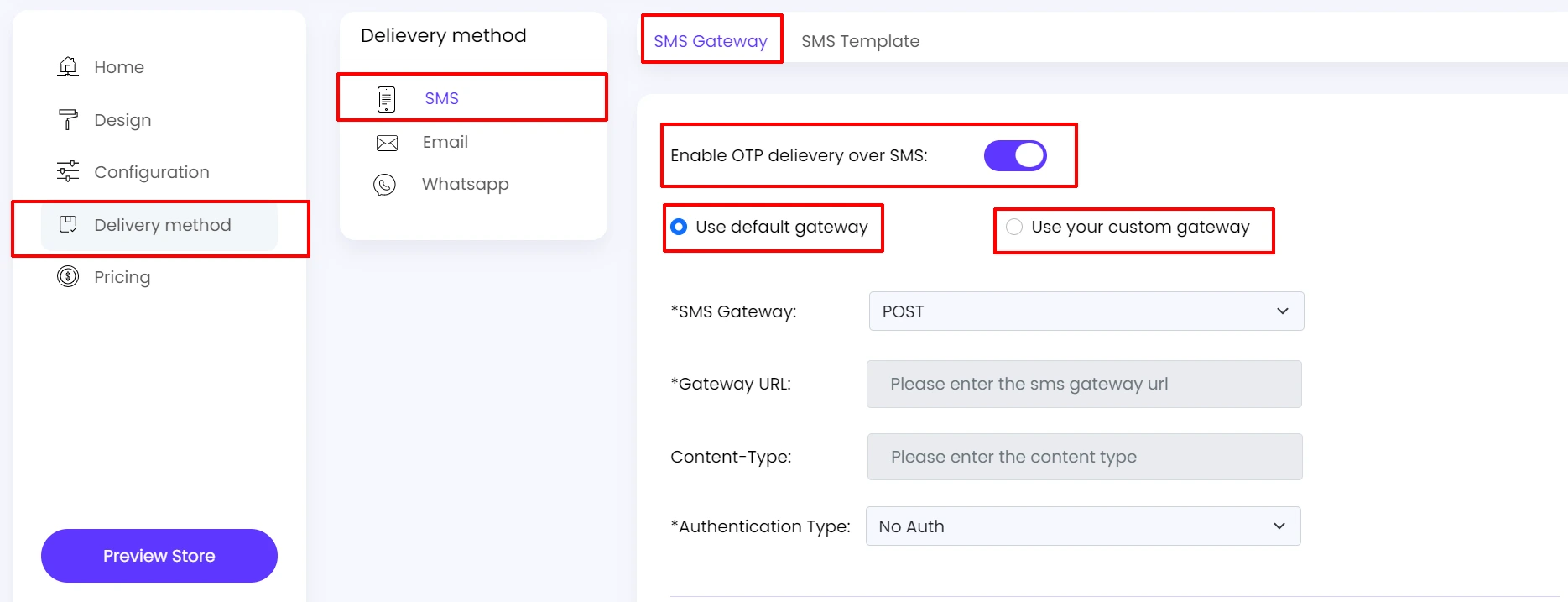 miniOrange Delivery method SMS Gateway tab with Enable OTP delivery over SMS and gateway options highlighted