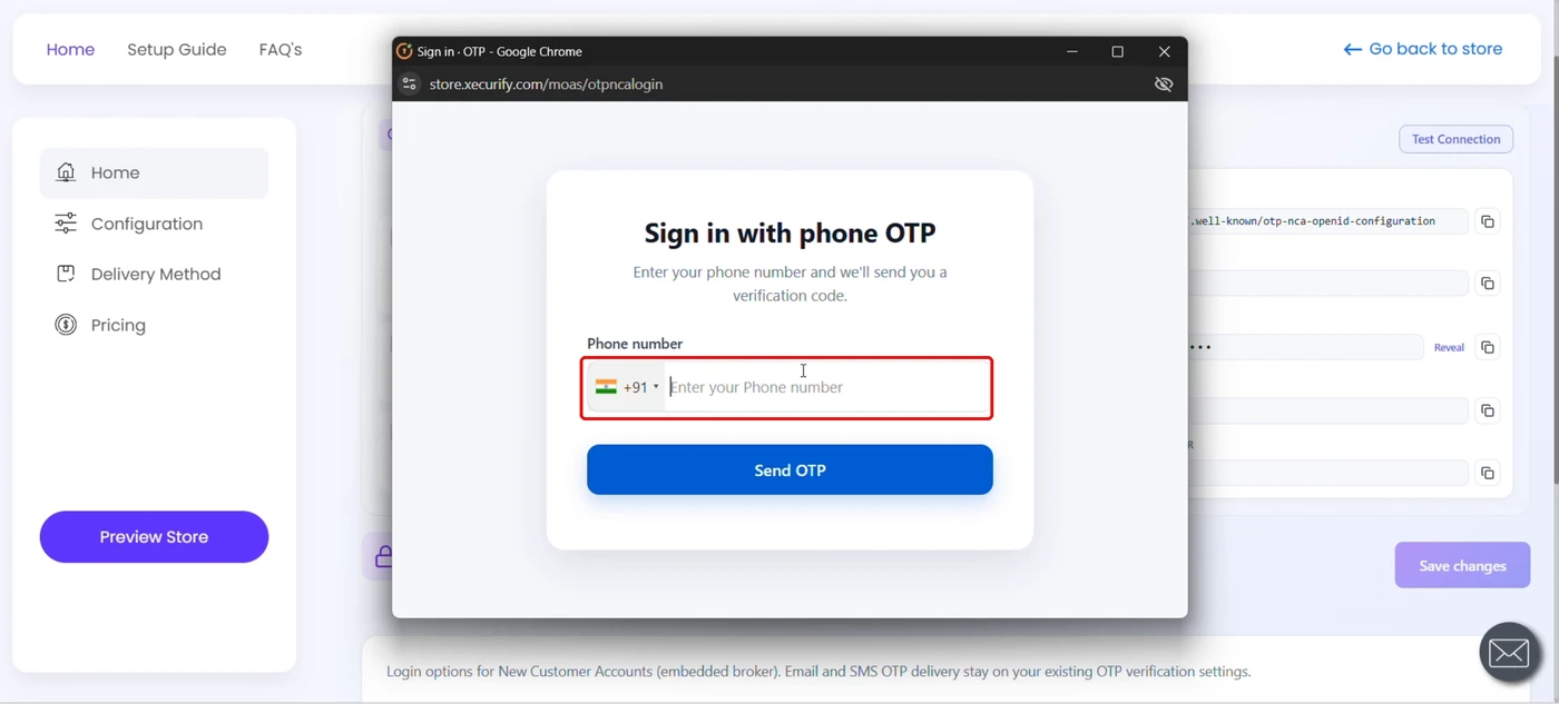 Test connection preview showing Sign in with phone OTP with the phone number field highlighted