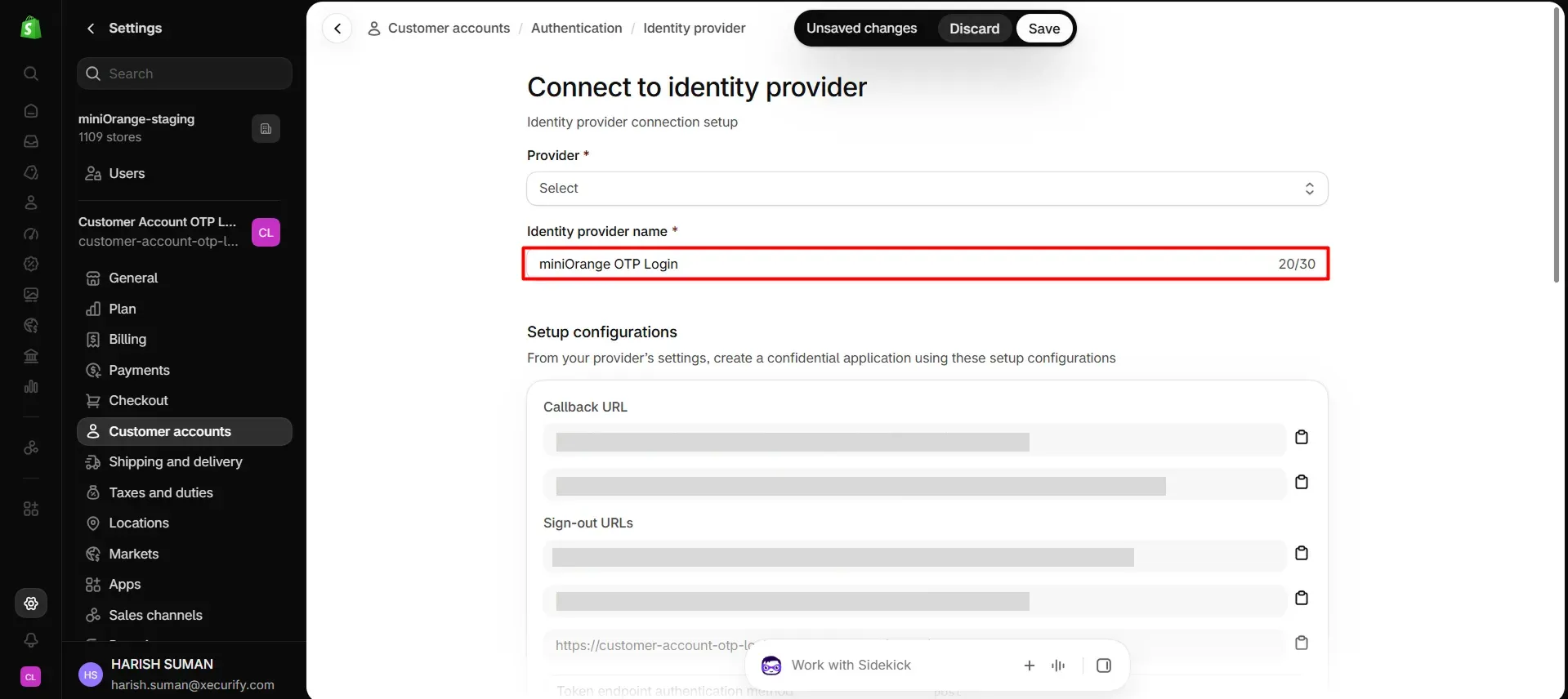 Shopify Connect to identity provider screen with the Identity provider name field set to miniOrange OTP