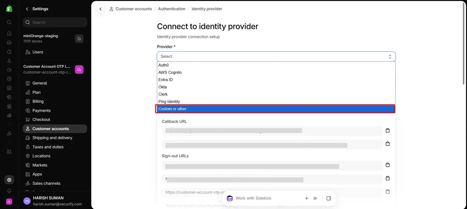 Shopify Connect to identity provider screen with the Custom or other option highlighted in the Provider dropdown
