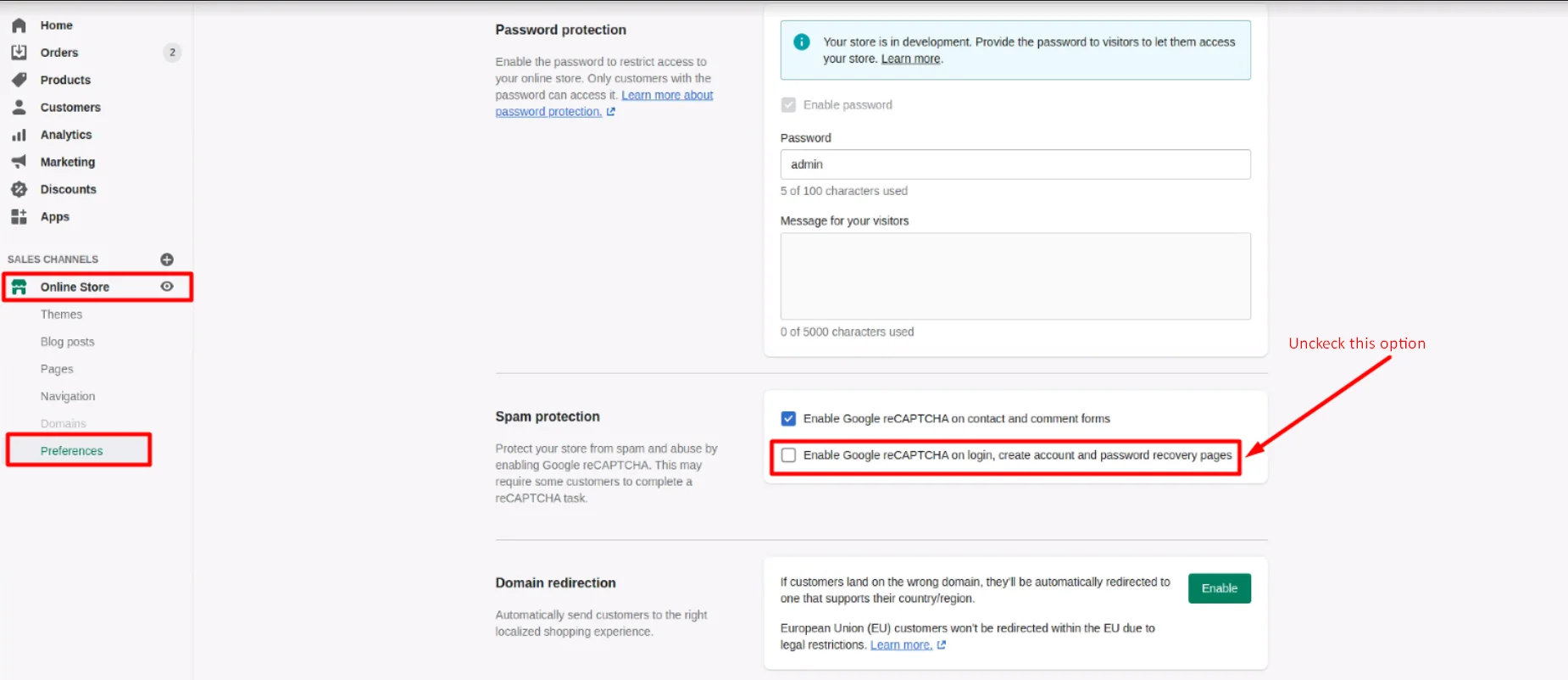 Shopify Settings Preferences page with the reCAPTCHA on login checkbox highlighted for unchecking