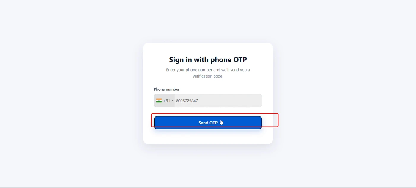 Live storefront Sign in with phone OTP screen with the Send OTP button highlighted