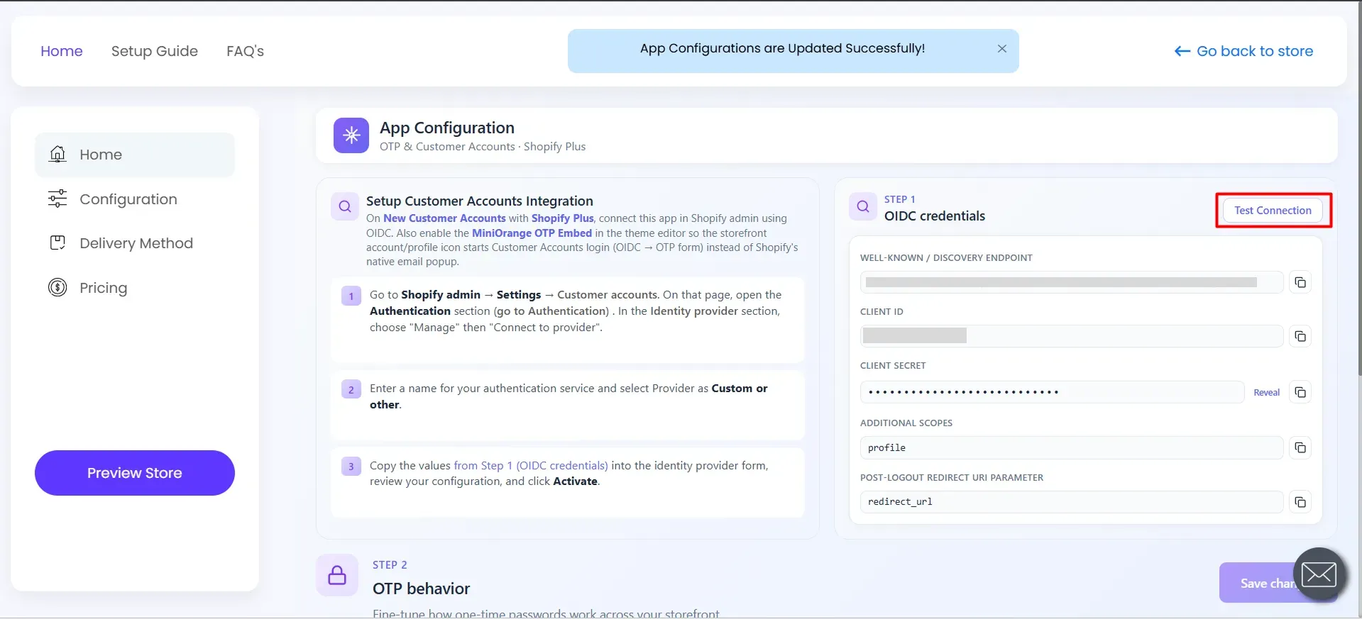 Test connection preview showing Sign in with phone OTP with the phone number field highlighted