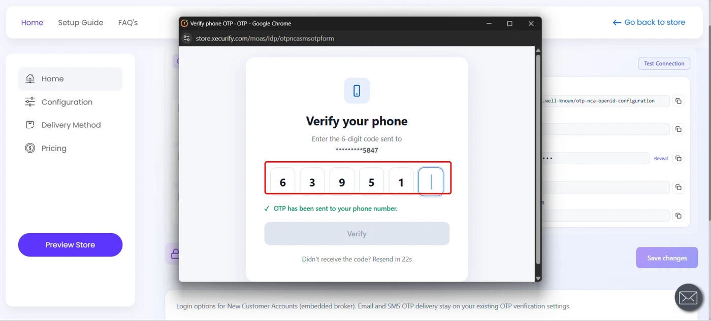 Test connection preview showing Verify your phone with the 6-digit OTP boxes highlighted