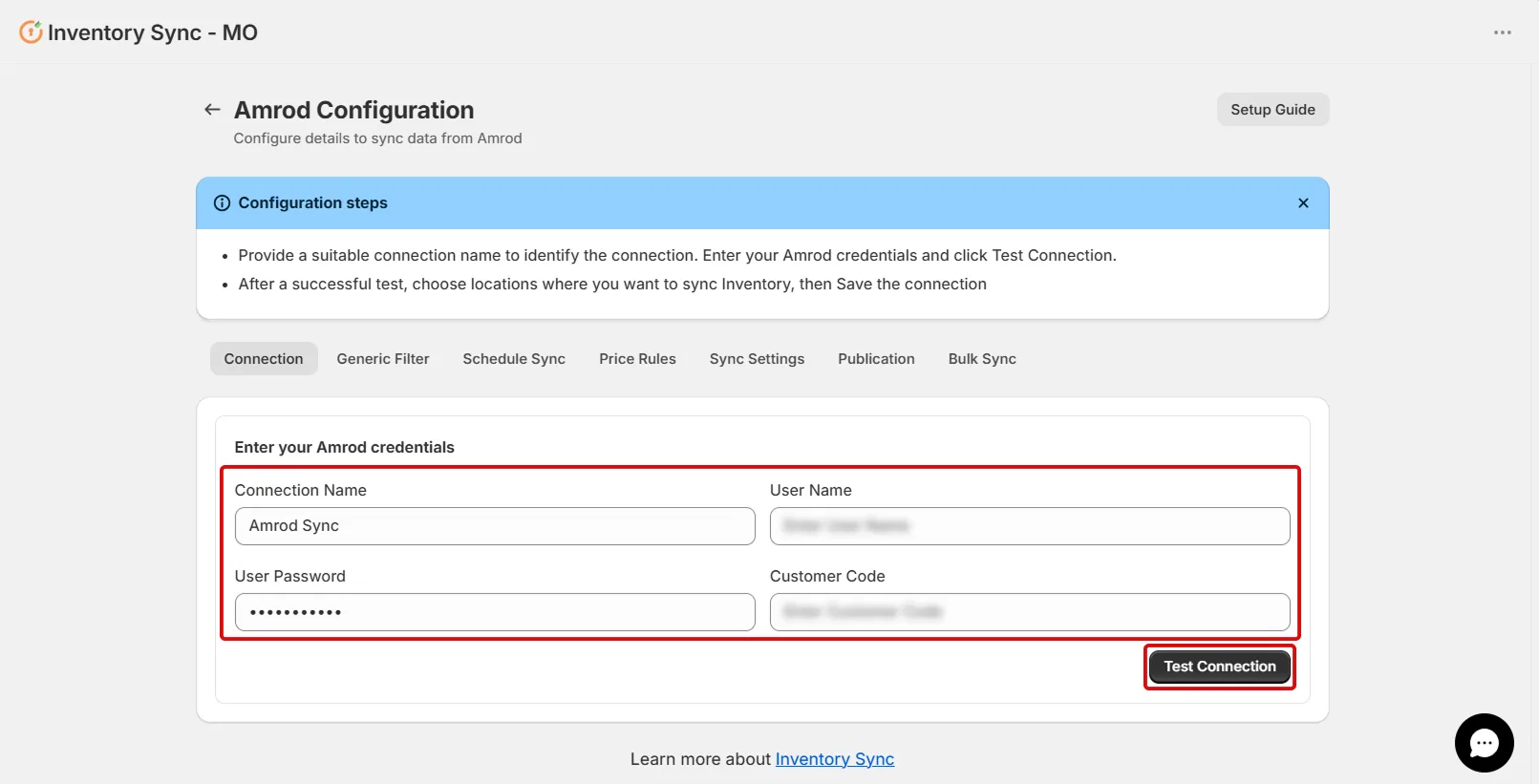 Connect Amrod to Shopify using Inventory Sync - Enter Amrod credentials