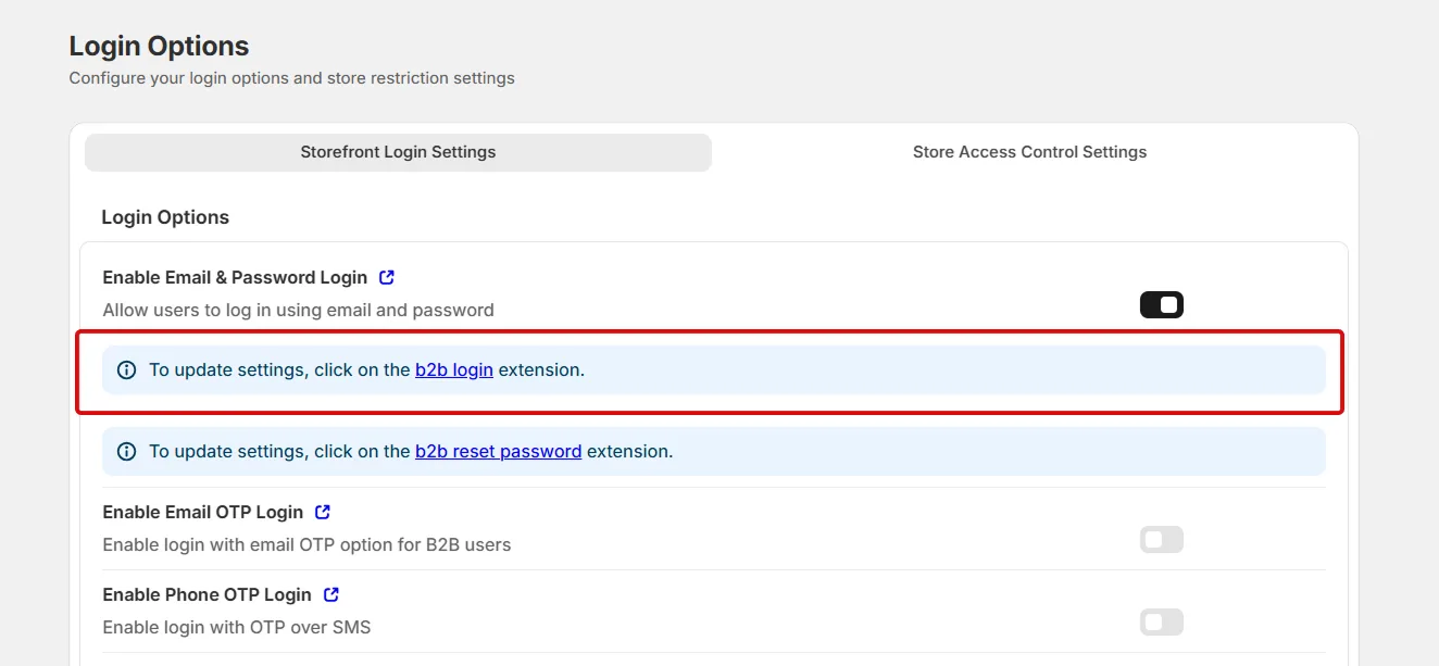 b2b login extension link on the Login Options page