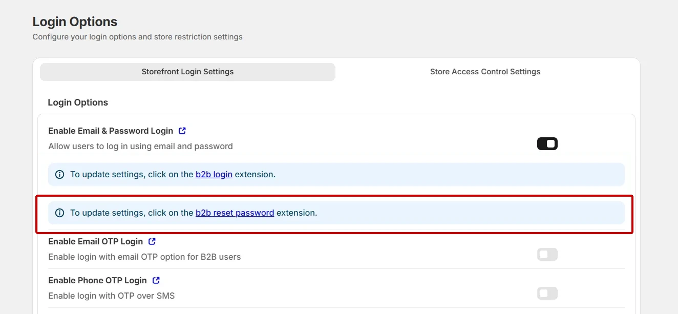 b2b reset password extension link on the Login Options page
