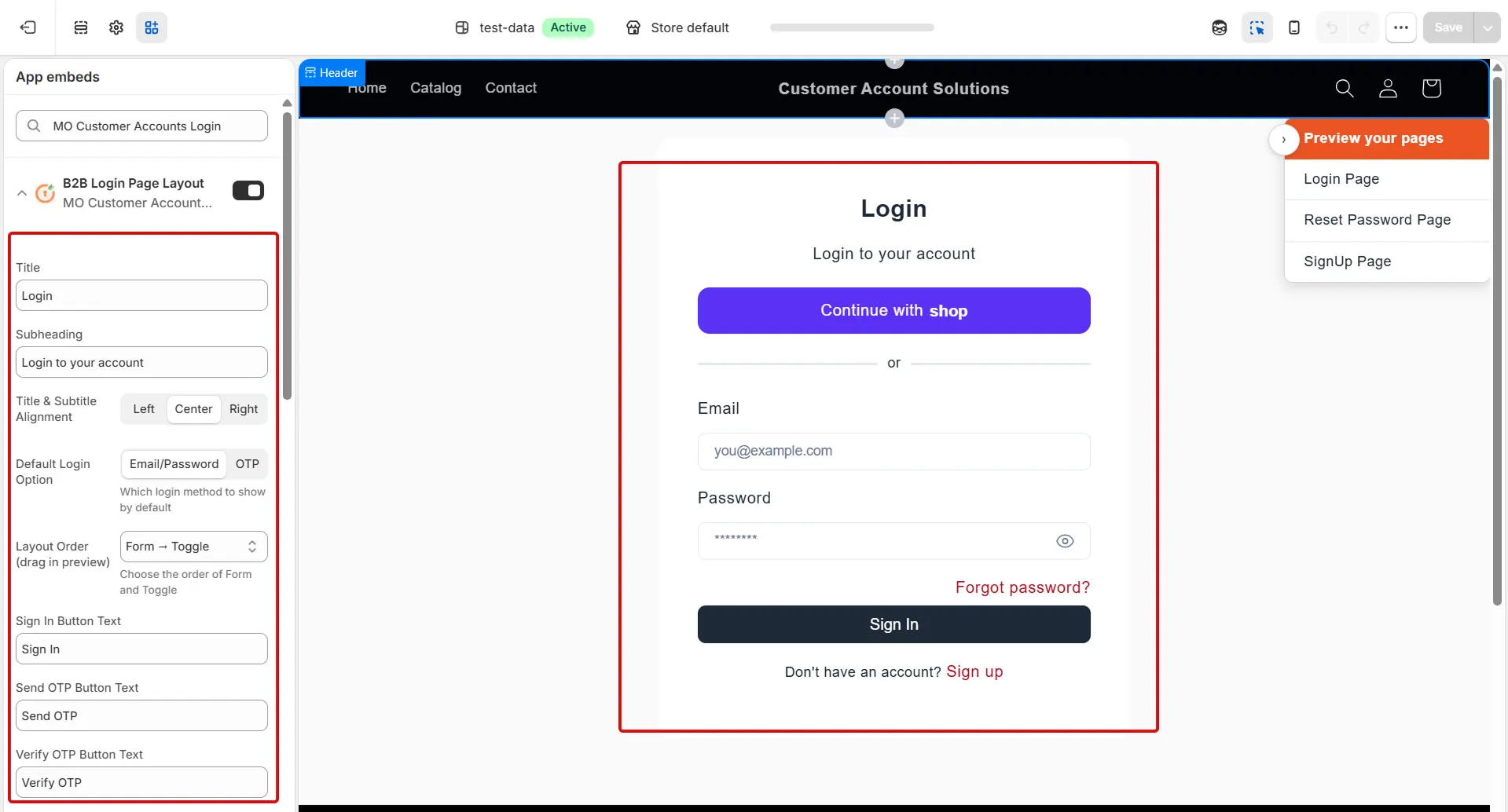 Login form title, default login option and button text settings