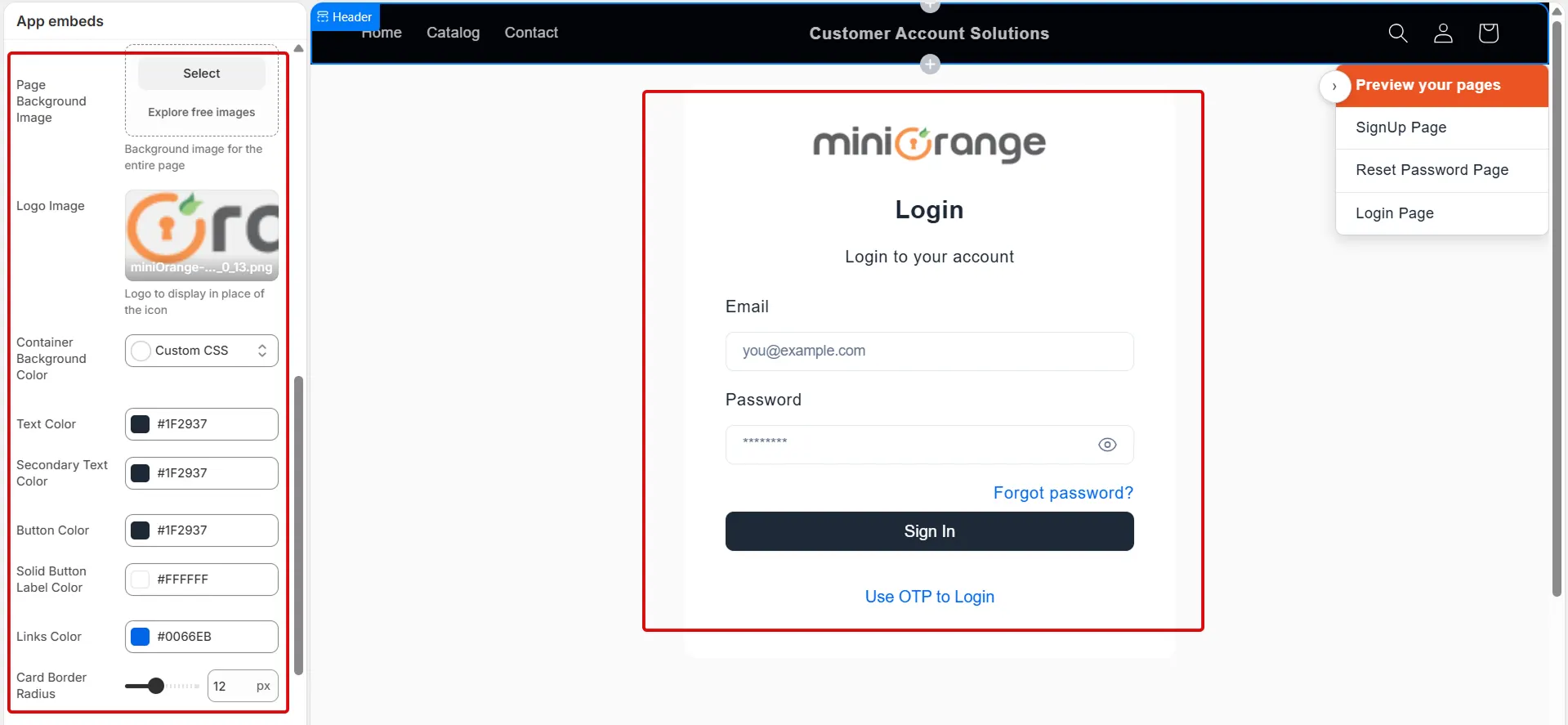 Login page logo, background, color and card layout settings