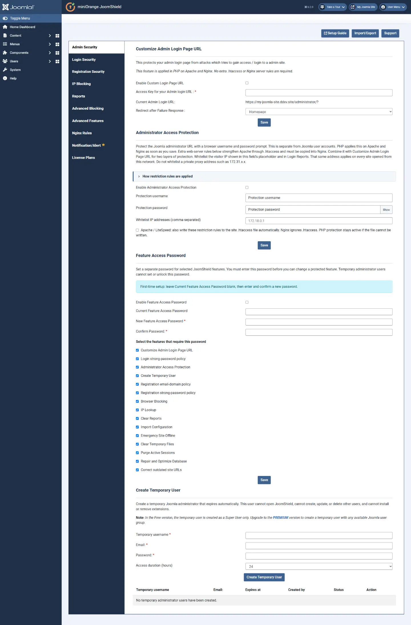 JoomShield Admin Security tab with Custom Admin Login URL, Administrator Access Protection, Feature Access Password and Create Temporary User settings