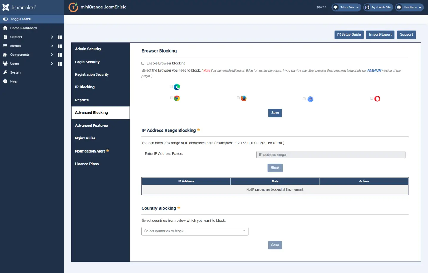 JoomShield Advanced Blocking tab with Browser Blocking and premium IP Address Range Blocking and Country Blocking