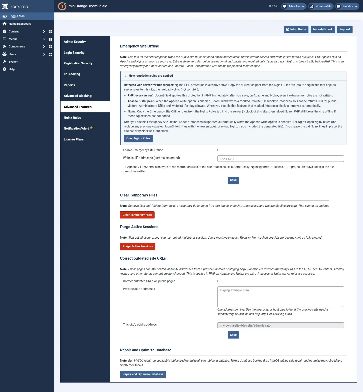 JoomShield Advanced Features tab with Emergency Site Offline, Clear Temporary Files, Purge Active Sessions, Correct outdated site URLs and Repair and Optimize Database