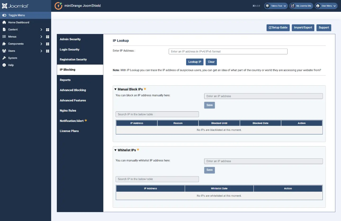 JoomShield IP Blocking tab with IP Lookup and premium Manual Block IPs and Whitelist IPs